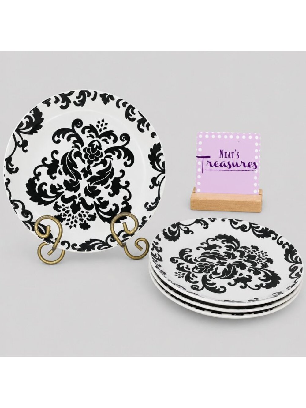 Studio D VERSAILES Black Scrolls White Coupe Round Stoneware Salad Plates Set 4